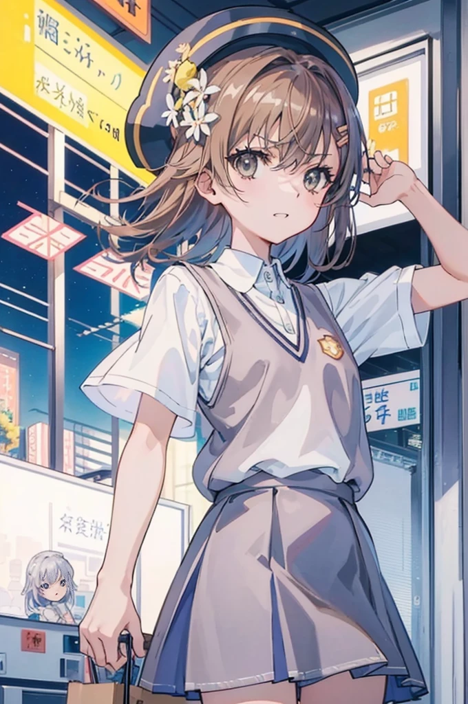 Misaka_mikoto, 1 persons, 独奏,
(illustratio:1.1)、(Top image quality)、(​masterpiece:1.1)、(beautiful and clear background:1.25)、(the Extremely Detailed CG Unity 8K Wallpapers:1.1)、(colourfull:0.9)、(depth of fields:0.75)、(Ink splashing:0.95)、(color splashes:0.85)、(watercolor paiting:0.65)、
(cowboy  shot:1.4)、(校服:1.4)、Bad Hand，:D、耳环、up looking_で_viewer、outside of house、Sunnyday、detailed blue sky、((grey miniskirt))、(White shirt with short sleeves)、Light Brown Sleeveless Cardigan、electricity，serious faces，