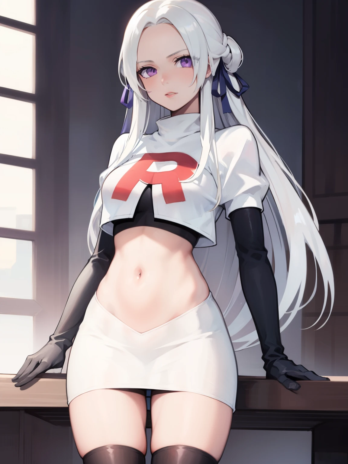 edelgard_academy, hair ribbon, long hair, white hair, purple eyes, glossy lips ,team rocket uniform, red letter R, white skirt,white crop top,black thigh-high boots, black elbow gloves, looking at viewer, cowboy shot