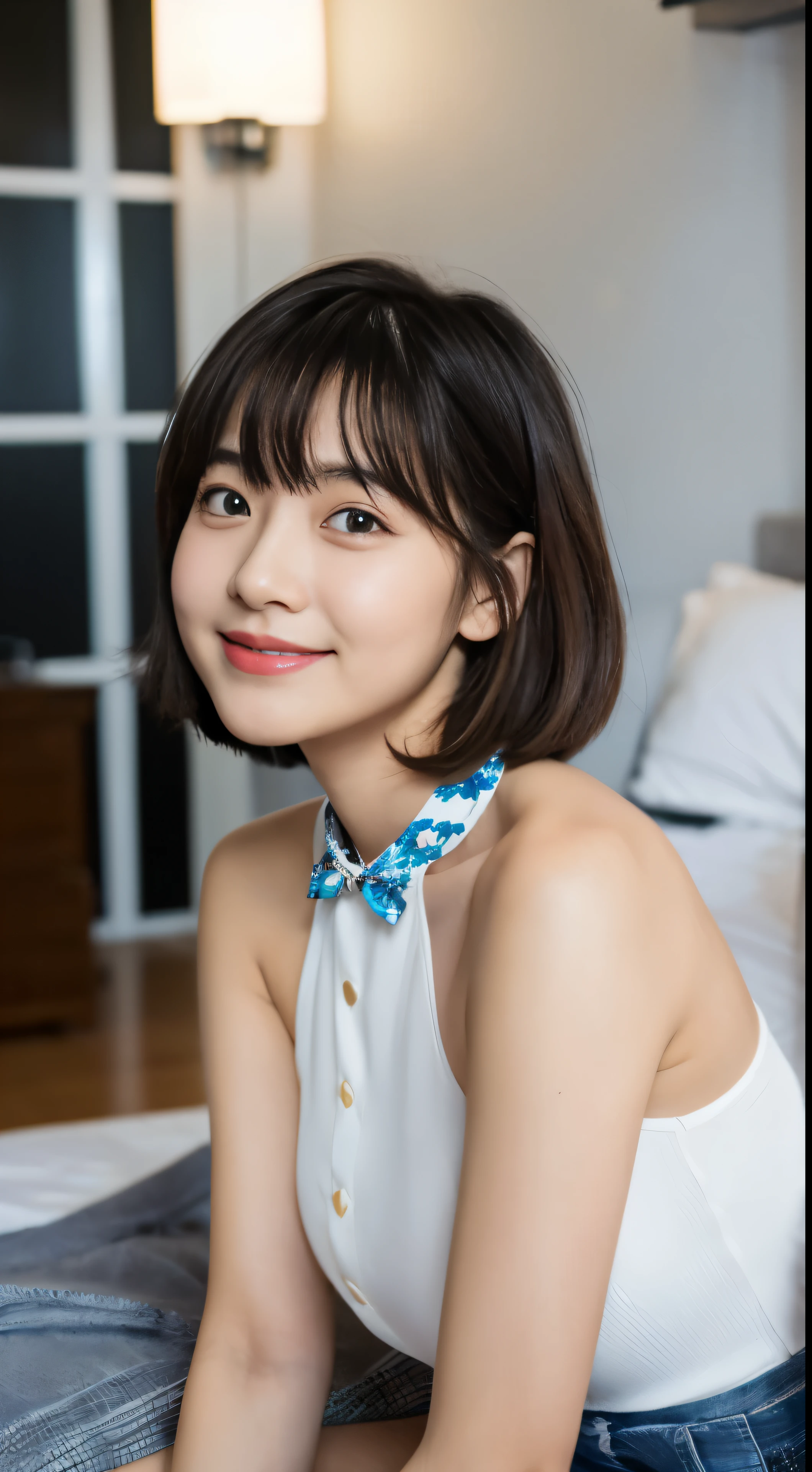(8K, Raw photo, Best Quality, masters:1.2), (Realistic, photo-Realistic:1.37), ultra-detailliert, 1 girl, Cute, Solo, Beautiful detailed sky, Detailed face, Night, Sitting, Dating, (Blushing), (Smile: 1.1), (Shut up), Big breasts, Beautiful delicate eyes, buttoned undone, (Collar shirt: 1.1), a bow tie, Pleated skirt, (Short hair: 1.2), Flowing hair, long eyelashes, eye shadow, a small face, Big eyes, Full body shot, Bare shoulders, Indoor, bed