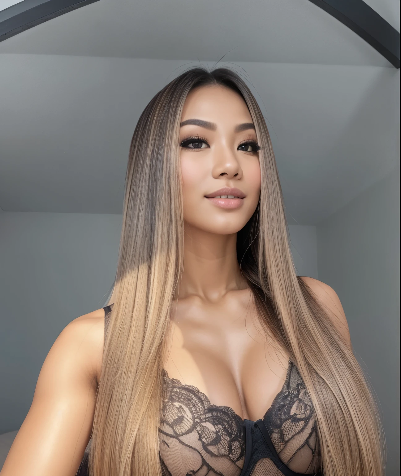 Young Thai woman, Fit physique, fitness physique, wearing sexy black lingerie sitting on the couch with legs open, corps sexy, (8k), (Best quality), (Masterpiece:1.3), (Realstic), (photoreallistic:1.34), Ultra-detailed, [beautiful detailed  eyes], (sourire), (sourire), (beautiful nose detailed), [very long blonde hair], (haut court), lingerie noire, (superbes seins taille normale), (gros plan), profondeur de champ, full body view, sitting on sofa, legs spread, showing crotch, pieds en l'air