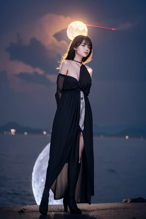 (at darkness place,1 japanese beautiful woman surrounded by an eclipse of moon)( beautiful abstract laser moonlight background:1.5) (black colored maxi-dress:1.5)(full body:1.2)(detailed:1.4) (best quality)( 8k)