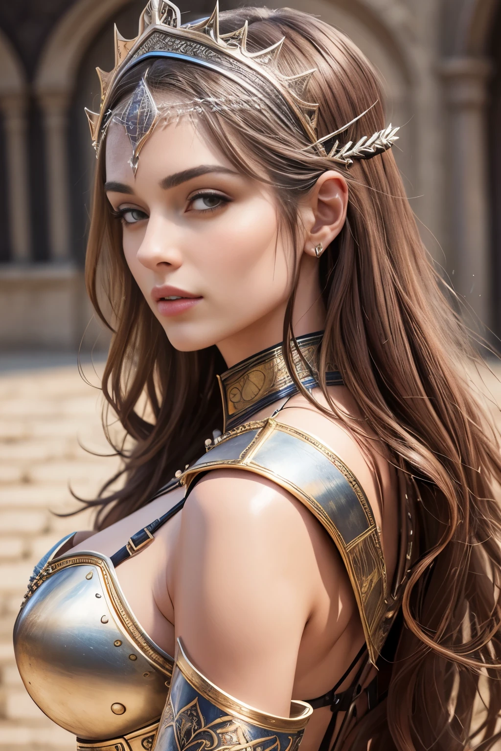 (best quality:1.6), (masterpiece:1.2), (intricate detailed:1.1), a woman in a medieval costume holding a medieval sword, medieval, wearing shiny breastplate, very beautiful female medieval queen, wearingmedieval body armor, wearing studded leather armor, a very beautiful medieval queen woman, wearing armor, cinematic goddess body shot, cinematic goddess close shot, captured from behind