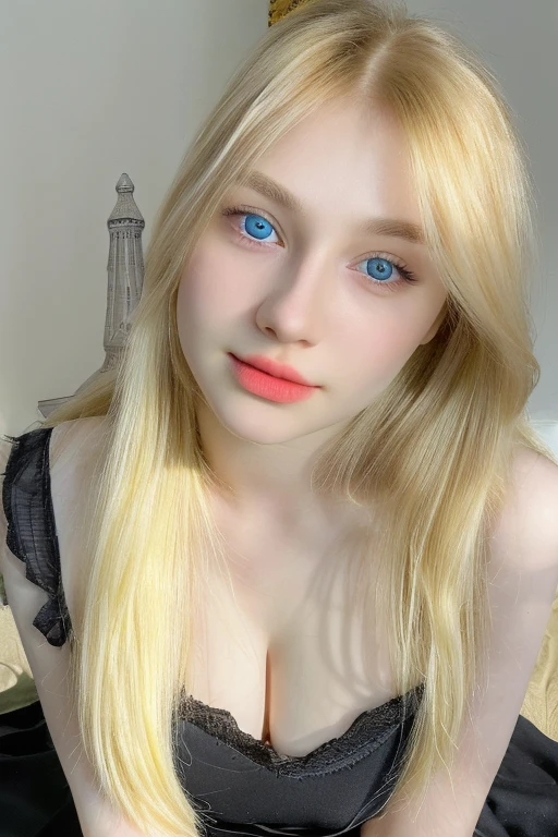 RAW,, Nikon Z 85mm, award-winning glamor photography, ((best quality)), ((masterpiece)), ((realistic)), beautiful russian woman, black lace dress, white skin, 18 years old, ((long blonde hair:1.3)),hazel eyes, perky huge breasts, sitting in the bed, eiffel tower in the background, ((huge breasts)), innocent, intricate details, highly detailed, sharp focus, professional, 4k, divine rays, hand model, stunning blue eyes, small, delicate, innocent, high resolution, detailed facial features, high detail, sharp focus, soft , aesthetic, extremely detailed, photo_\(ultra\), photorealistic, realistic, post-processing, maximum detail, roughness, real life, ultra-realistic, photorealism, photography, 8k uhd, photography, SEMHOUETTE light, russian face