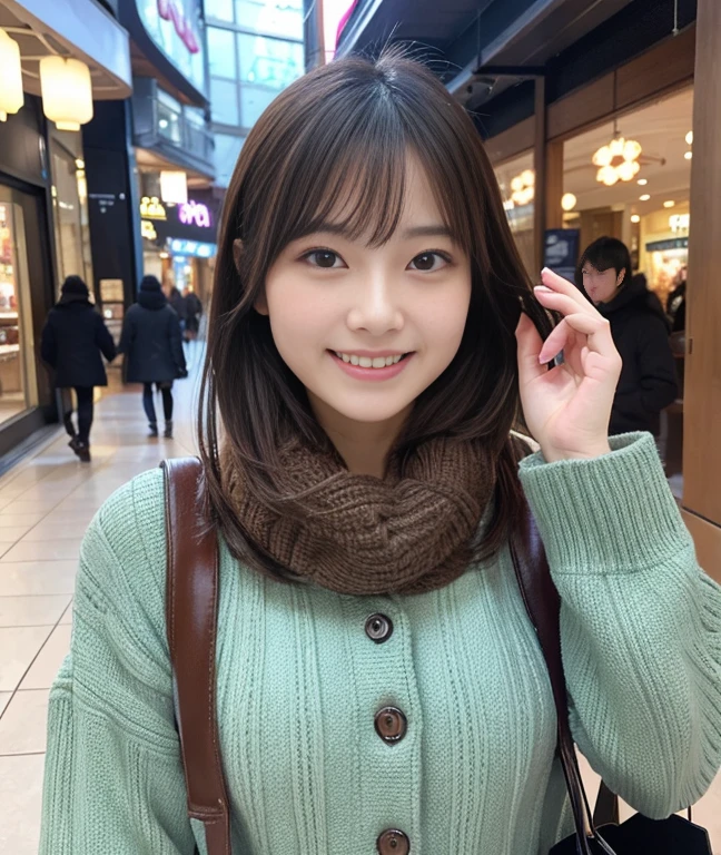 （hight resolution、ultra-detailliert、Realistic as a photo、A Japanese Lady）、winter daily life、huge tit、A detailed face、Detailed Limbs、Layered Cut Hair、Carefree smile、shopping mall