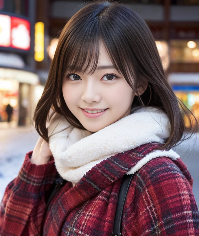 （hight resolution、ultra-detailliert、Realistic as a photo、A Japanese Lady）、winter daily life、huge tit、A detailed face、Detailed Limbs、Layered Cut Hair、Carefree smile、shopping mall