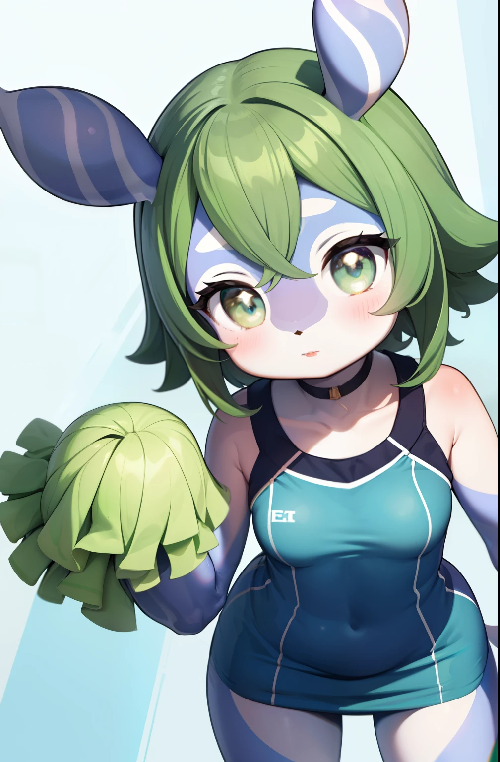 1girl in,  MLSN&#39;s&#39;S, Blue fur, Green hair, Green eyeS, cheer girl, SleeveleSS, Standing, Looking at Viewer, From  above, Short hair,