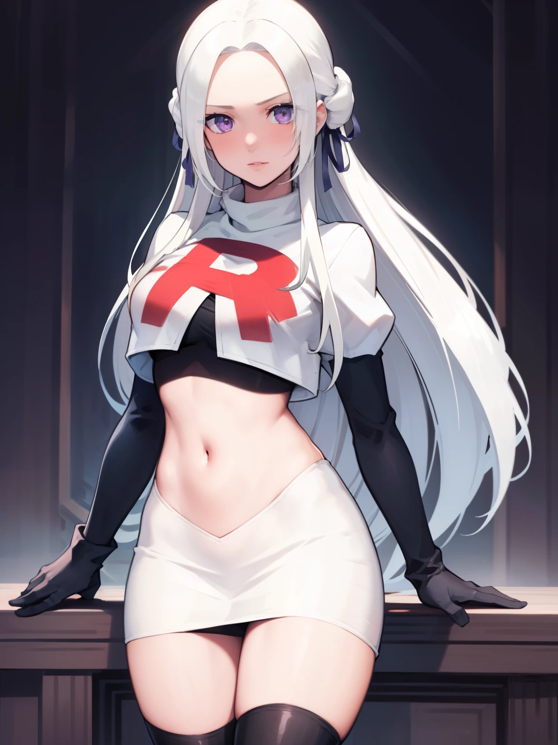 edelgard_academy, hair ribbon, long hair, white hair, purple eyes, glossy lips ,team rocket uniform, red letter R, white skirt,white crop top,black thigh-high boots, black elbow gloves, looking at viewer, cowboy shot