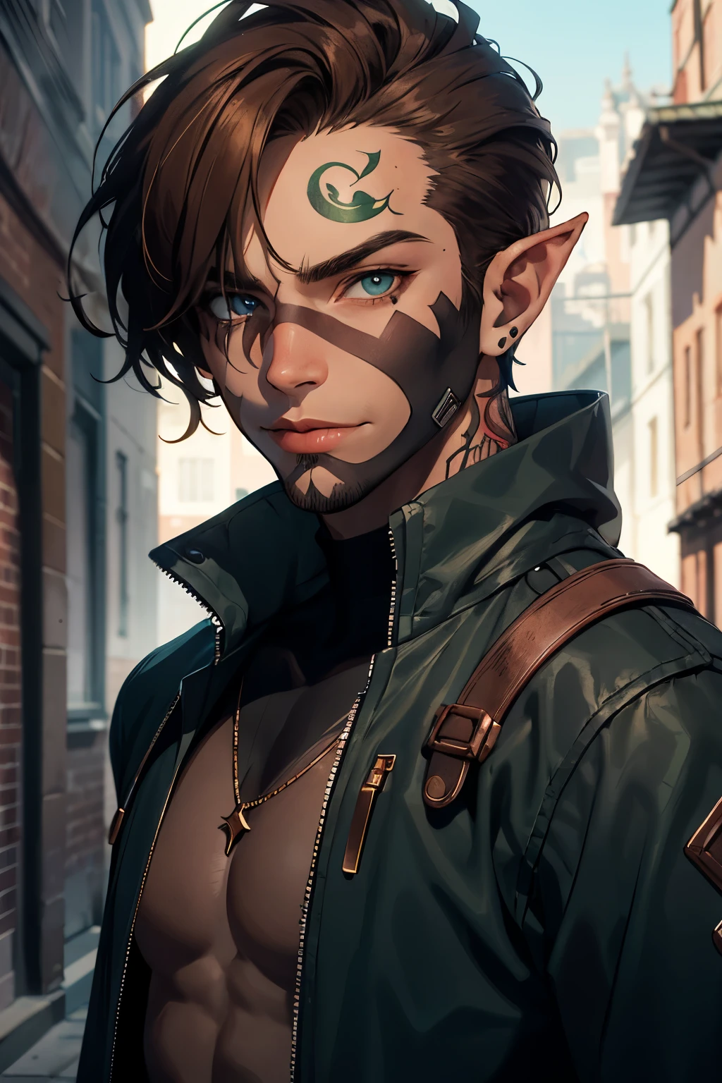 Male Rogue with copper brown hair, ojos verdes y lengua de color negro, orejas de elfo, with thief's clothes and tattoos on his face
