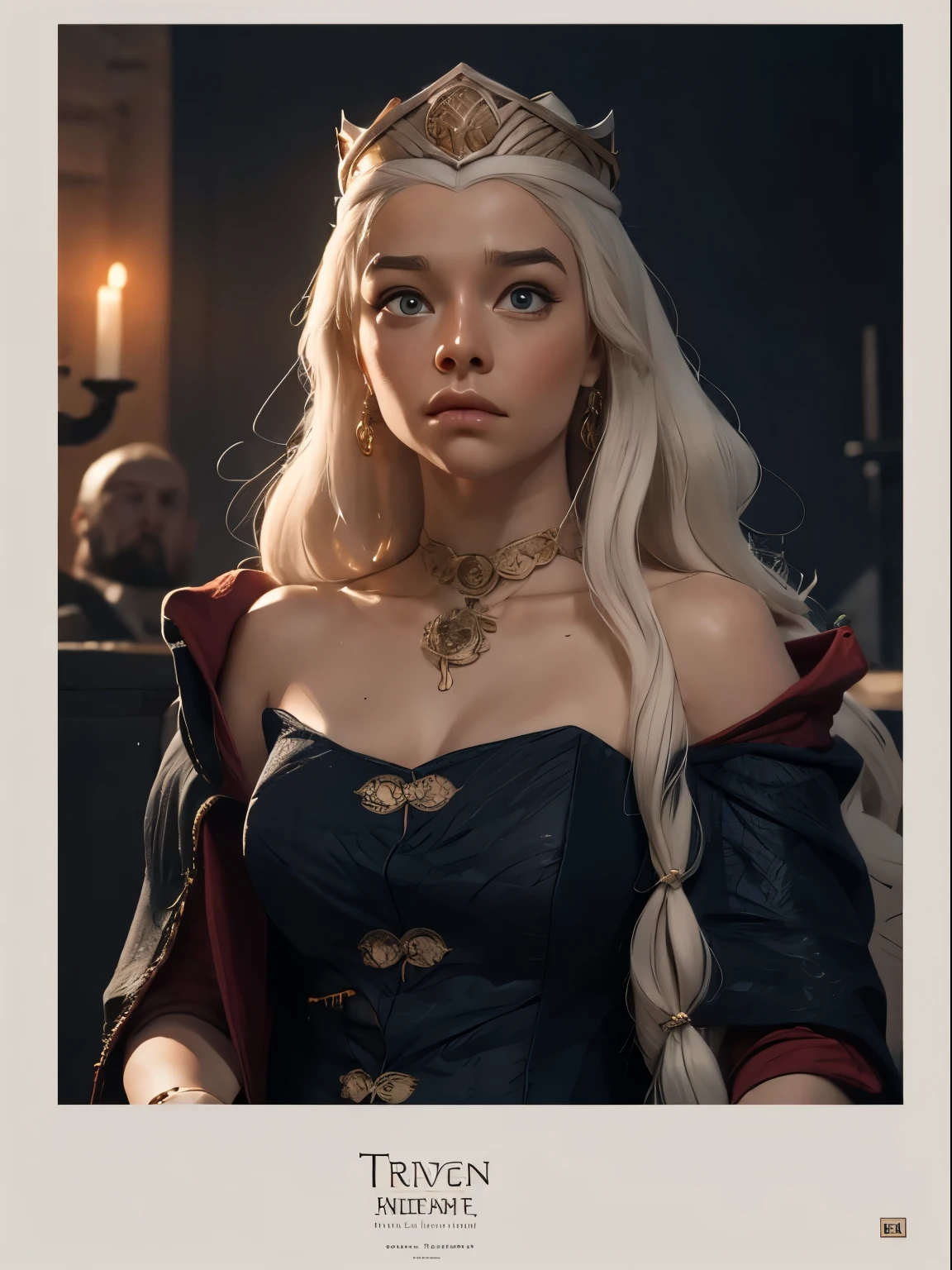 cinematic poster, Arte centrada, 1 girl, solo, ((sozinho)), (((only one character))),  a Targaryen queen, Queen Rhaenyra wearing crown on her head, A Guerra dos Tronos,,  Game of Thrones, Gothic colors, climate of tension and terror, Adobe Illustration, trending on ArtStation, 8k, disco Rigido , master part, arte linda, detalhes intrincados.