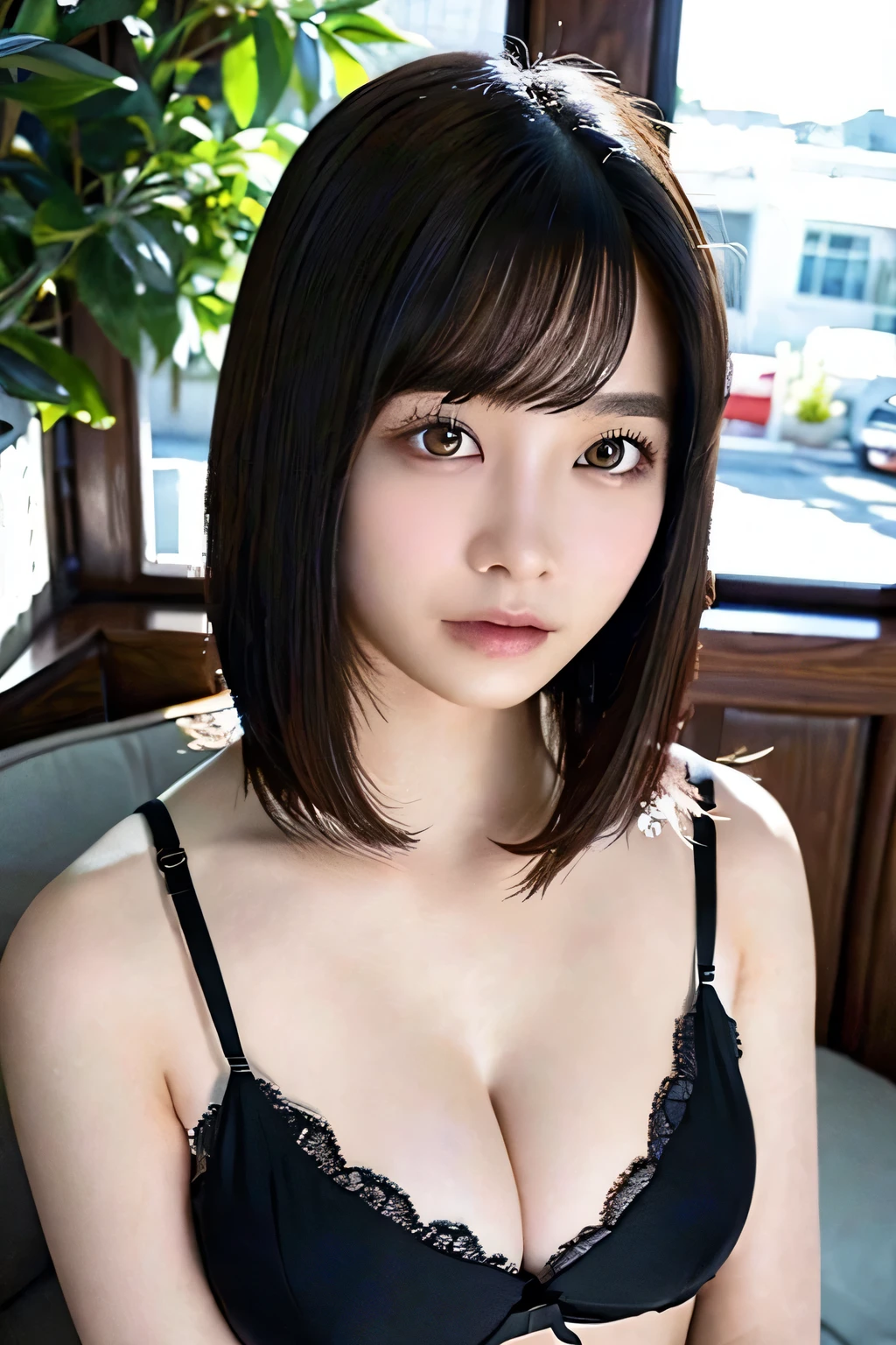 ((top-quality、8K、​masterpiece:1.3))、细节女性:1.3、(Medium Hair、Colossal tits:1.6)、black sexy and naughty panties、black sexy and naughty bra、Sexy buttocks、ウルトラ细节、细节、eyelid、summer vacation、cafes