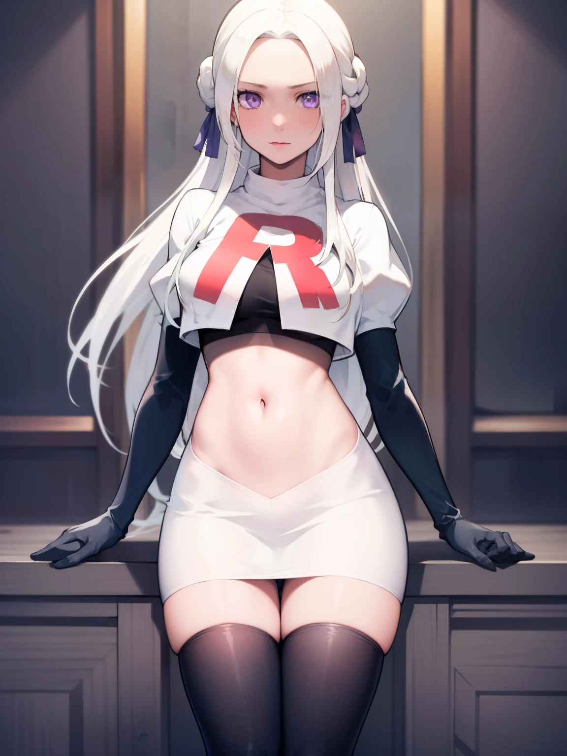 edelgard_academy, hair ribbon, long hair, white hair, purple eyes, glossy lips ,team rocket uniform, red letter R, white skirt,white crop top,black thigh-high boots, black elbow gloves, looking at viewer, cowboy shot