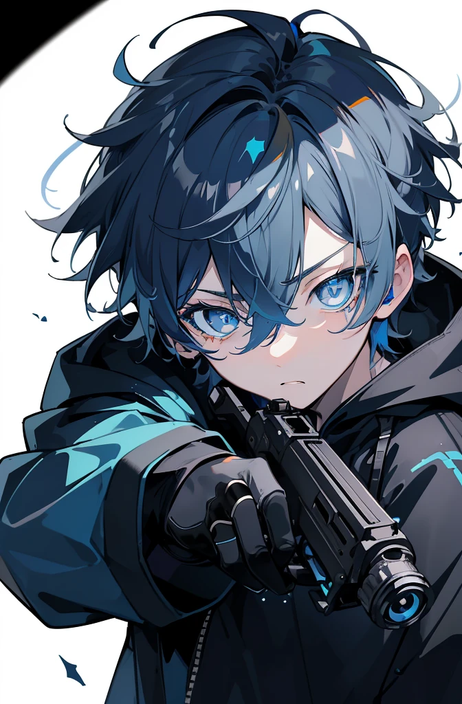 Reliance on black background、Particles of light、chromatic abberation、(One Boy:1.3)、A dark-haired、(Blue Jacket Hood)、(blue eyess:1.6)、Works with a vivid texture、(hair messy:1.2)、short-hair、(Boy with a gun:1.3)、fight with pistol、Hit a handgun、Colorful portrait、Dynamic Pose