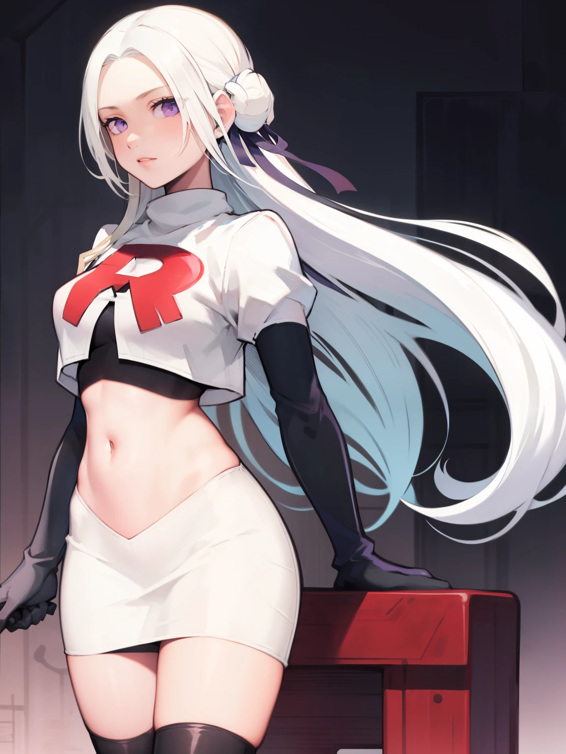 edelgard_academy, hair ribbon, long hair, white hair, purple eyes, glossy lips ,team rocket uniform, red letter R, white skirt,white crop top,black thigh-high boots, black elbow gloves, looking at viewer, cowboy shot