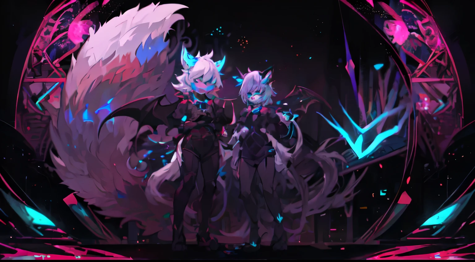 catman, White hair, (3 tails), (A vibrant Eyeaster t masterpiece:1.3), (Interesting stuff:1.3), (Best quality:1.3), (ultra - detailed:1.3), (The best shadow:0.7), (Hair care), (eBlue eyes:1.1), 14k, demonic wings, Cat succubus, Devil's horns,