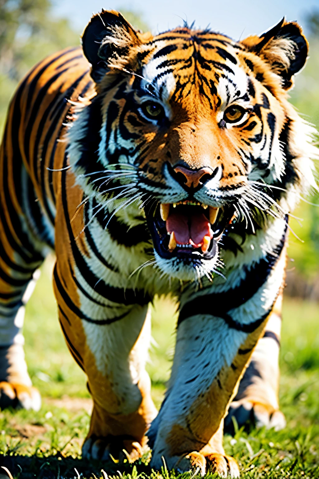 Draw a tiger walking on the savannah。Very tall and fierce。The fangs sticking out of the mouth are fierce。HD 4 K,undamaged。