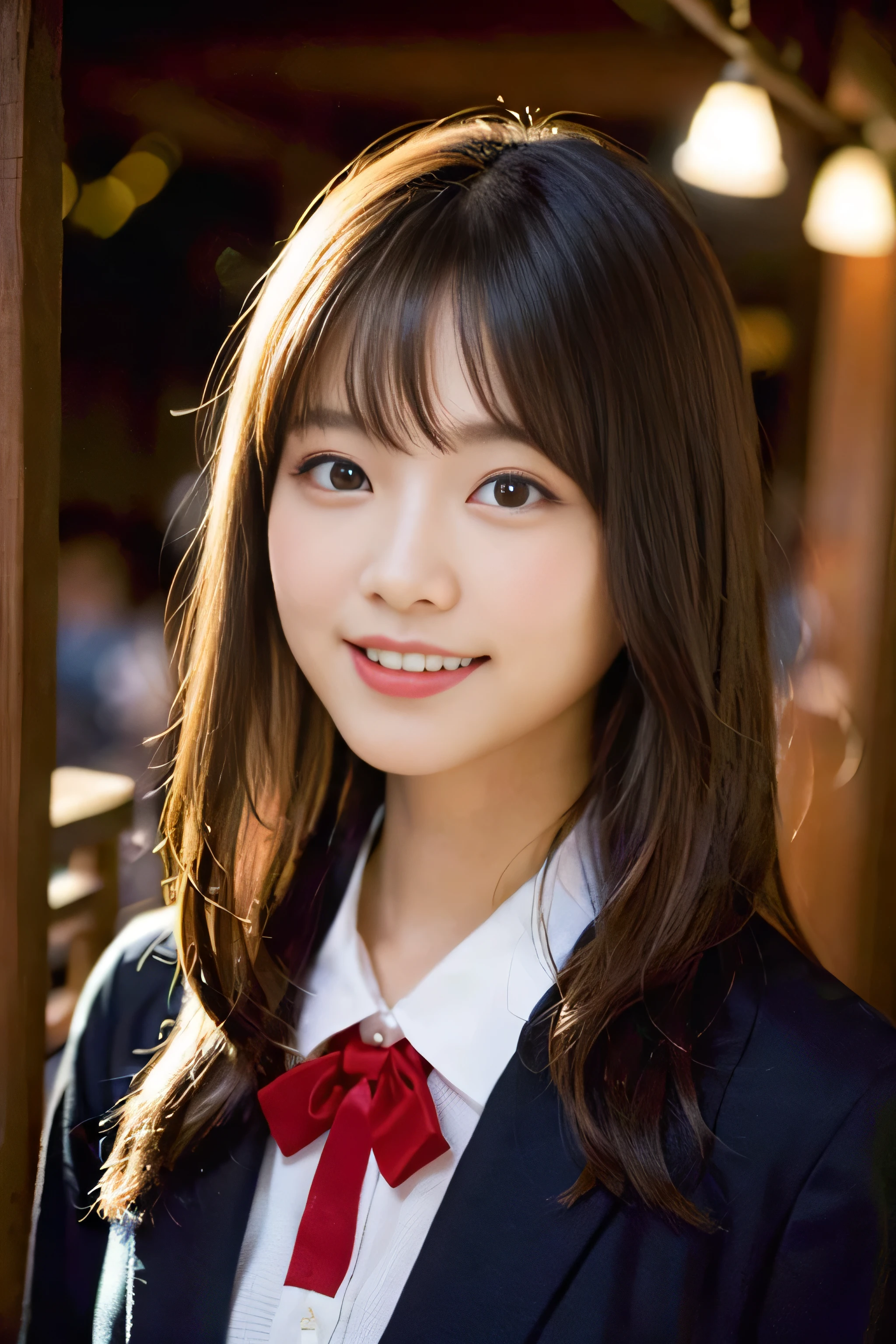 (8K、Raw photography、top-quality、​masterpiece:1.2)、(realisitic、Photorealsitic:1.37)、ultra-detailliert、超A high resolution、女の子1人、see the beholder、beautifull detailed face、A smile、Constriction、(Slim waist) :1.3)、Beautiful detailed skin、Skin Texture、Floating hair、Professional Lighting、Whole human body、Longhaire、a blond、japanese hight school uniform、hi-school girl、shrines、magic circles、Mystical、majutsu、ritualistic、springtime、red ribbon hair、Happy smile、Childish smile、Suppin
