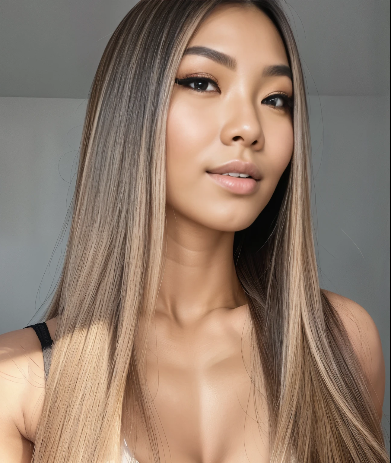 Young Thai woman, Fit physique, fitness physique, wearing sexy black lingerie sitting on the couch with legs open, corps sexy, (8k), (Best quality), (Masterpiece:1.3), (Realstic), (photoreallistic:1.34), Ultra-detailed, [beautiful detailed  eyes], (sourire), (sourire), (beautiful nose detailed), [very long blonde hair], (haut court), lingerie noire, (superbes seins taille normale), (gros plan), profondeur de champ, full body view, sitting on sofa, legs spread, showing crotch, pieds en l'air