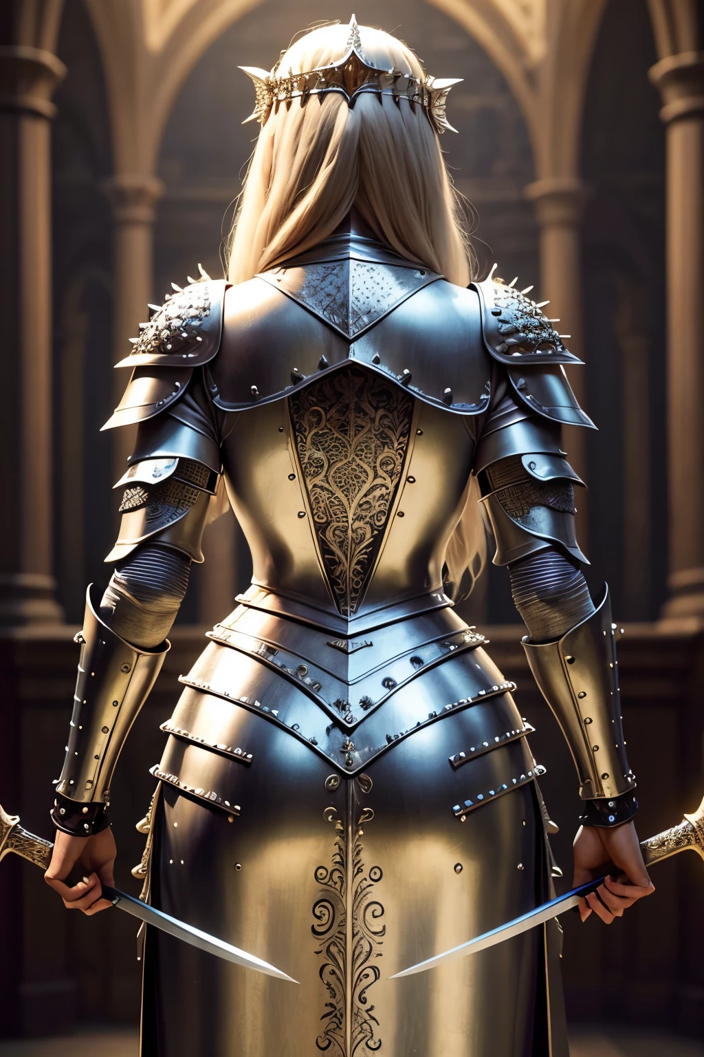 (best quality:1.6), (masterpiece:1.2), (intricate detailed:1.1), a woman in a medieval costume holding a medieval sword, medieval, wearing shiny breastplate, very beautiful female medieval queen, wearingmedieval body armor, wearing studded leather armor, a very beautiful medieval queen woman, wearing armor, cinematic goddess body shot, cinematic goddess close shot, captured from behind