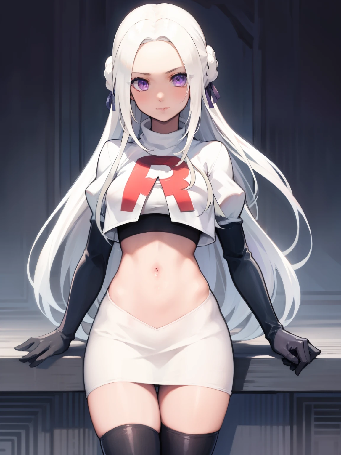 edelgard_academy, hair ribbon, long hair, white hair, purple eyes, glossy lips ,team rocket uniform, red letter R, white skirt,white crop top,black thigh-high boots, black elbow gloves, looking at viewer, cowboy shot