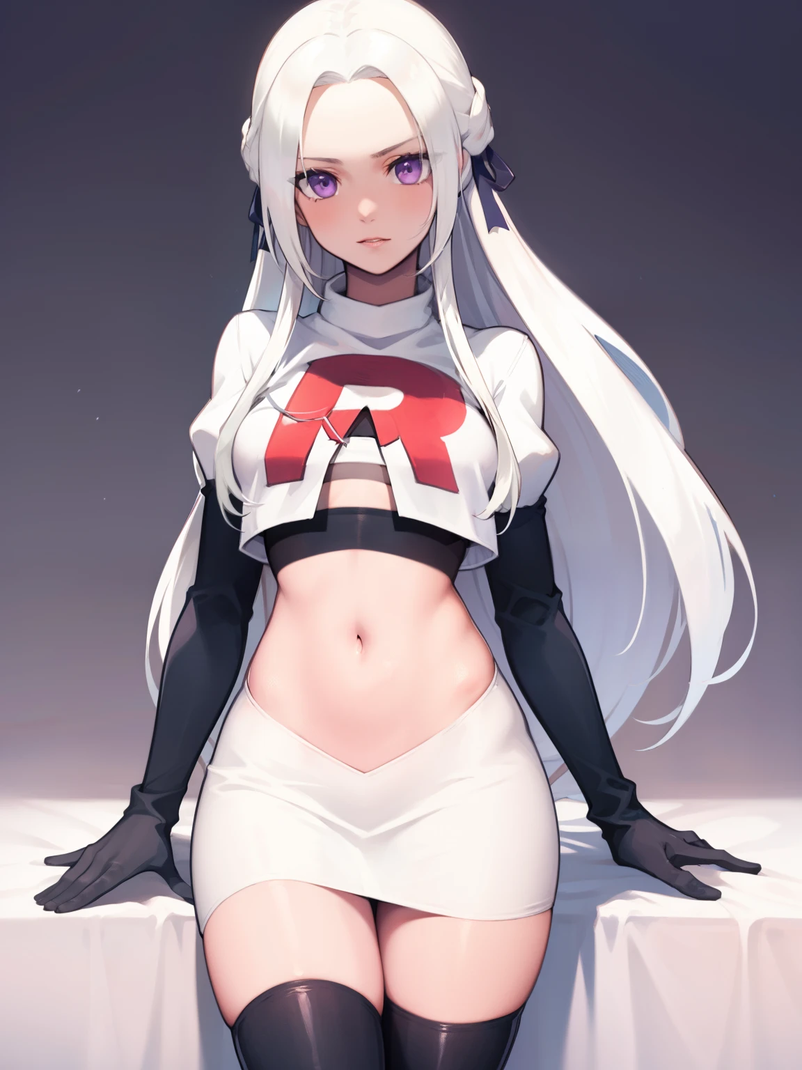 edelgard_academy, hair ribbon, long hair, white hair, purple eyes, glossy lips ,team rocket uniform, red letter R, white skirt,white crop top,black thigh-high boots, black elbow gloves, looking at viewer, cowboy shot