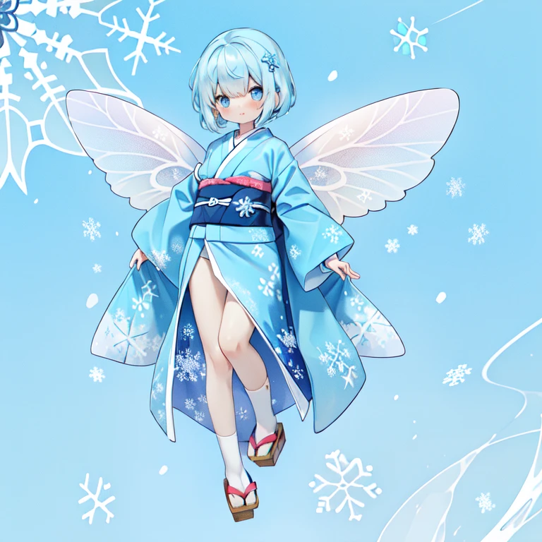 BREAK (pastel-blue and white theme:1.4), (maxi length pastel blue kimono [white] Obi:1.4), (Highly detailed snowflake symbol print:1.3), (white very short ankle socks:1.2), (geta:1.2), (wrap a white scrunchie around wrist:1.3),,Large transparent fairy wings grow from its back...、Japanese,Thick wool gown：0.3