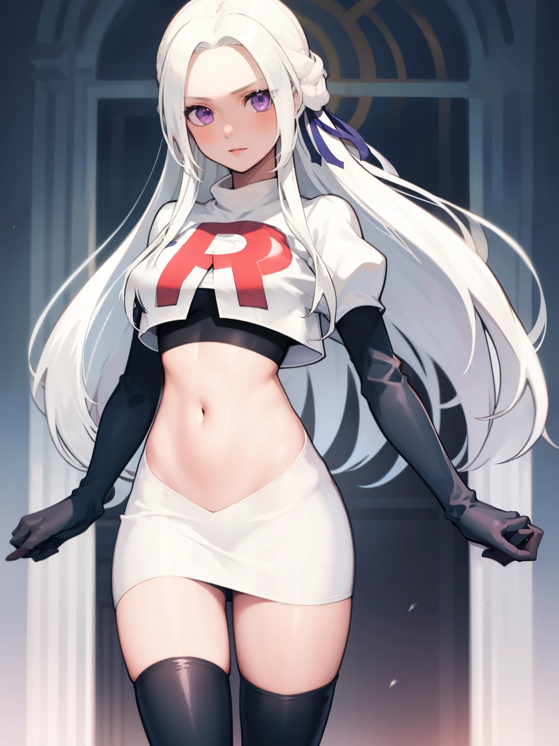 edelgard_academy, hair ribbon, long hair, white hair, purple eyes, glossy lips ,team rocket uniform, red letter R, white skirt,white crop top,black thigh-high boots, black elbow gloves, looking at viewer, cowboy shot