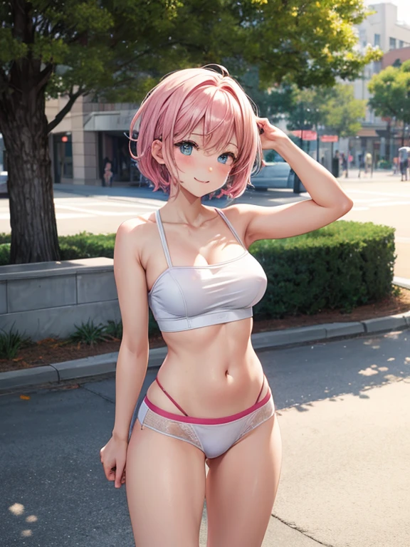 girl with short pink hair, wearing a white tanktop, nipples behind strapless tanktop, wearing a mini tight thong, beautiful anime face, in the park, cheesing