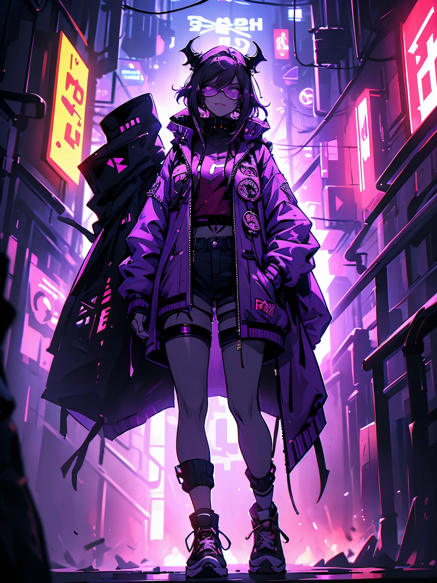 a demon girl with CYBERPUNK ornaments, glasses half hanging on her face, long cyberpunk hair, white hair, thick lips, demonic smile, (((wearing a purple cyberpunk jacket, white high-top sneakers with socks, denim shorts))), small breasts round, big booty, strong thighs, {extremely detailed 16k CG unit wallpaper}, expansive landscape photography, (a low view with focus on the character, and setting), (wide view of open field), (photo low angle), (high light: 1.4), (low light: 1.4), (warm light source: 1.5), complex details, (iridescent colors: 1.4), (bright lighting), (atmospheric lighting), Dreamy, single,