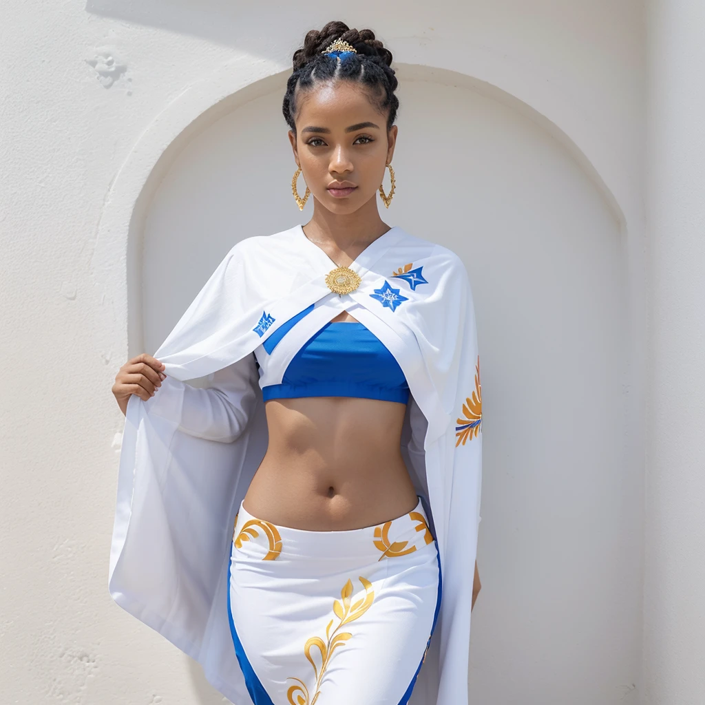 modelo SOLO, realista 8k,para Conjunto de roupa interior adultos  mulheres. realista, images of With Cape Verde pattern representing Cape Verde culture. Adicione mais elementos culturais de Cabo Verde. Fotografia ,插圖 ,Garment based graphic: Traje representativo da bandeira de Cabo Verde - azul profundo, branco, vermelho e dourado, com elementos tribais discretos,  plano completo, vista frontal, vista traseira, Estilo Art Vista de Corpo Inteiro ,Multiple views and poses, various points of view, de um corpo inteiro, design