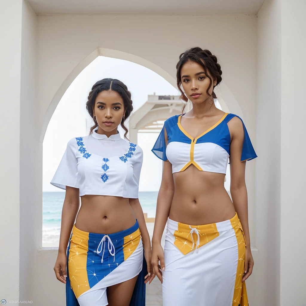 modelo SOLO, realista 8k,para Conjunto de roupa interior adultos  mulheres. realista, images of With Cape Verde pattern representing Cape Verde culture. Adicione mais elementos culturais de Cabo Verde. Fotografia ,插圖 ,Garment based graphic: Traje representativo da bandeira de Cabo Verde - azul profundo, branco, vermelho e dourado, com elementos tribais discretos,  plano completo, vista frontal, vista traseira, Estilo Art Vista de Corpo Inteiro ,Multiple views and poses, various points of view, de um corpo inteiro, design
