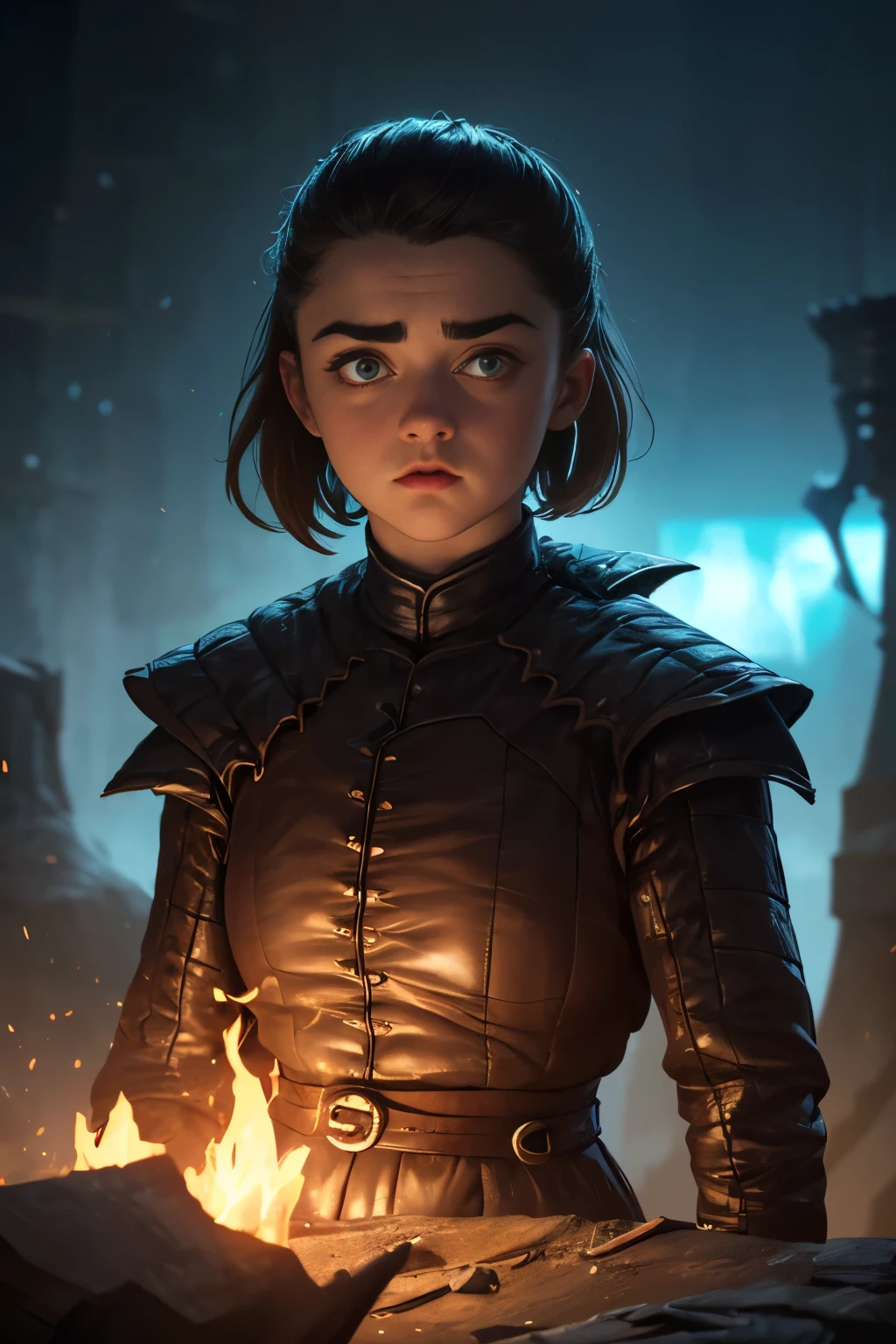 cinematic poster, close-up, Arte centrada, Head and shoulders, 1 girl, sozinho, ((sozinho)), (((only one character))), ((Arya Stark in dynamic combat pose)), Rosto de Maisie Williams, rosto de Arya Stark, fantasia de arya stark, Roupas de Arya Stark, A Guerra dos Tronos,, A Guerra dos Tronos, Gothic colors, climate of tension and terror, Adobe Illustration, trending on ArtStation, 8k, disco Rigido , master part, arte linda, detalhes intrincados, cinematic lighthing .