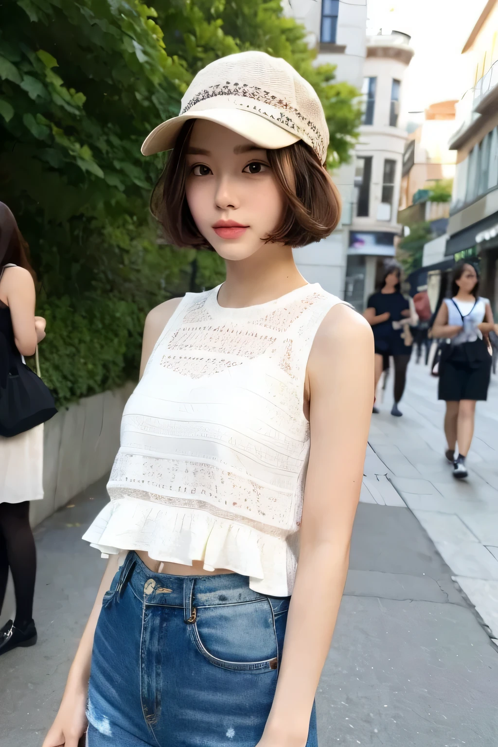 ((best qualtiy,8K,tmasterpiece:1.3)),(Flower Cap:1.flawless beauty:1.4,glute:1.2,(Layered Hair Style:1.2)),(the street:1.3),Highly detailed face and skin textures,full body Esbian,Elaborate Eyes,二重まぶた,Whiten skin,Short Wave Hair,Cute Korean Beauties(With a round face:1.5),(Loose top,shortpants:1.6)