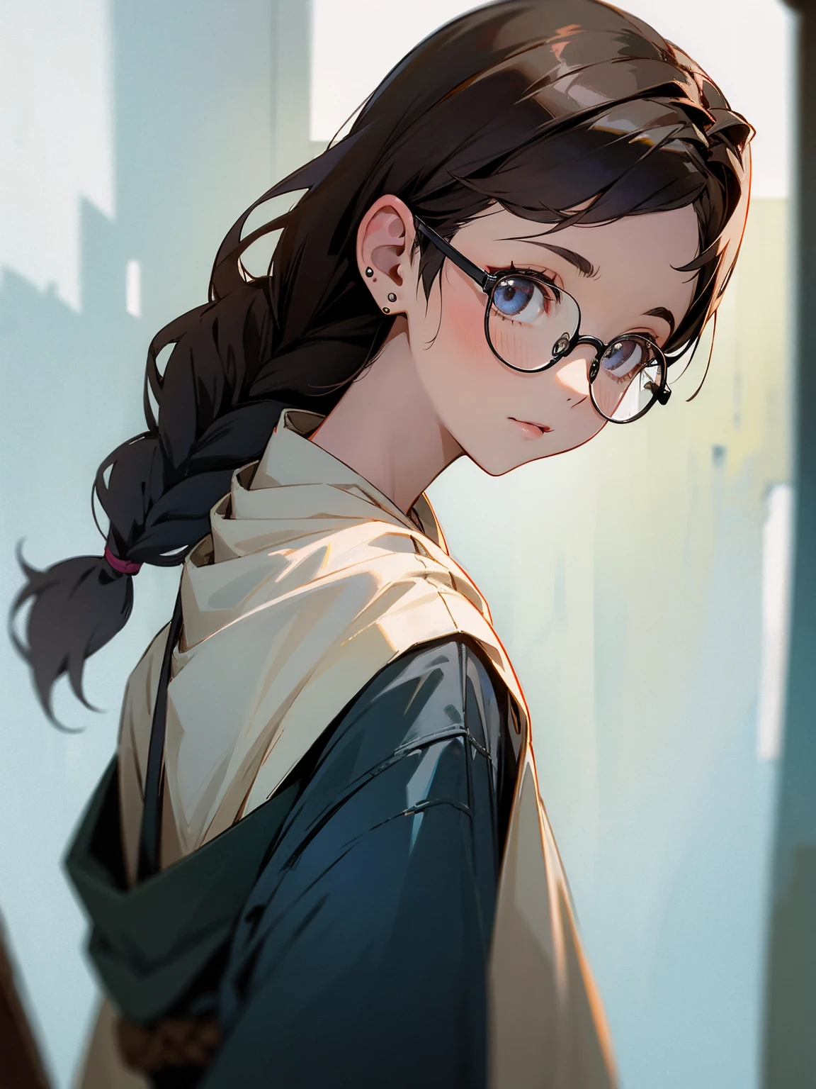 a young girl, glasses, braids, dark hair, looking back, earrings, upper body
