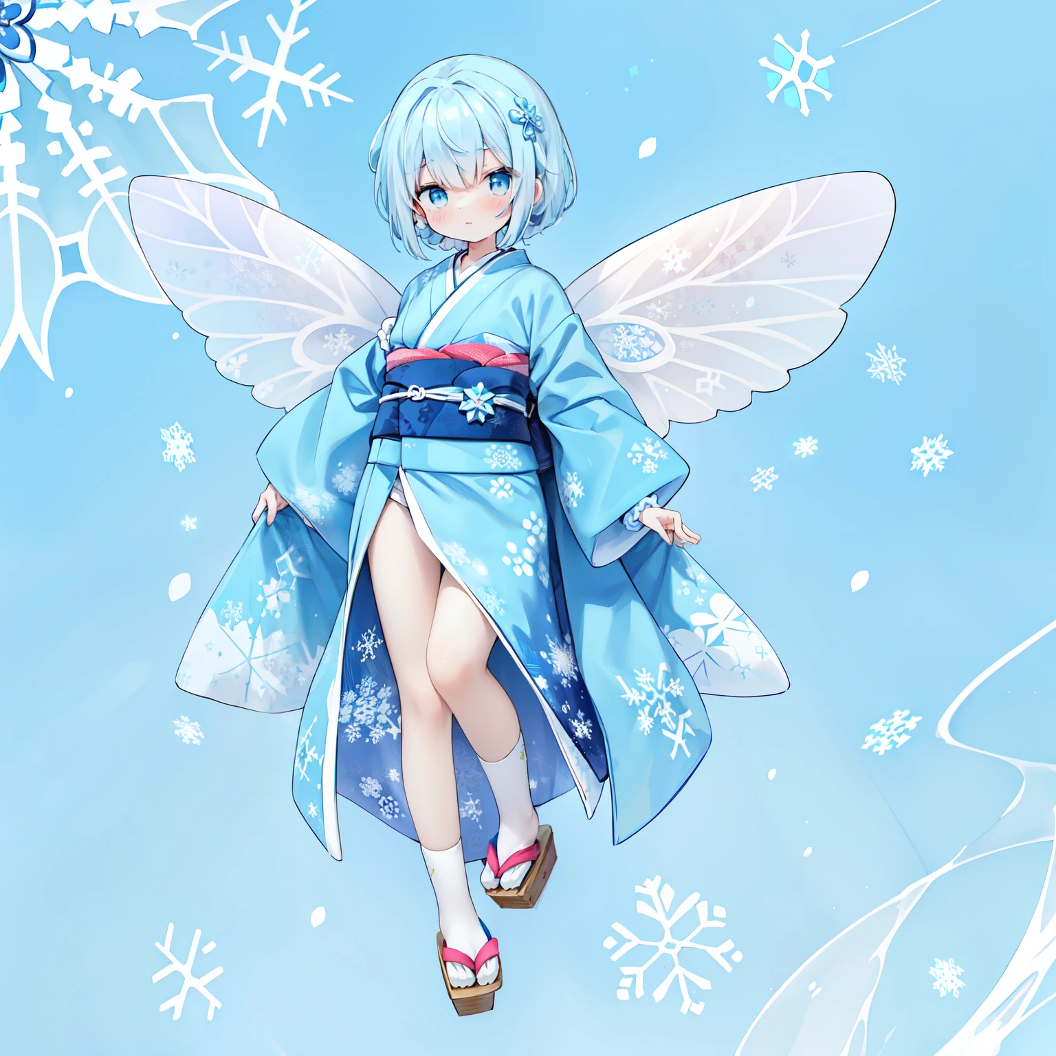 BREAK (pastel-blue and white theme:1.4), (maxi length pastel blue kimono [white] Obi:1.4), (Highly detailed snowflake symbol print:1.3), (white very short ankle socks:1.2), (geta:1.2), (wrap a white scrunchie around wrist:1.3),,Large transparent fairy wings grow from its back...、Japanese,Thick wool gown：0.3