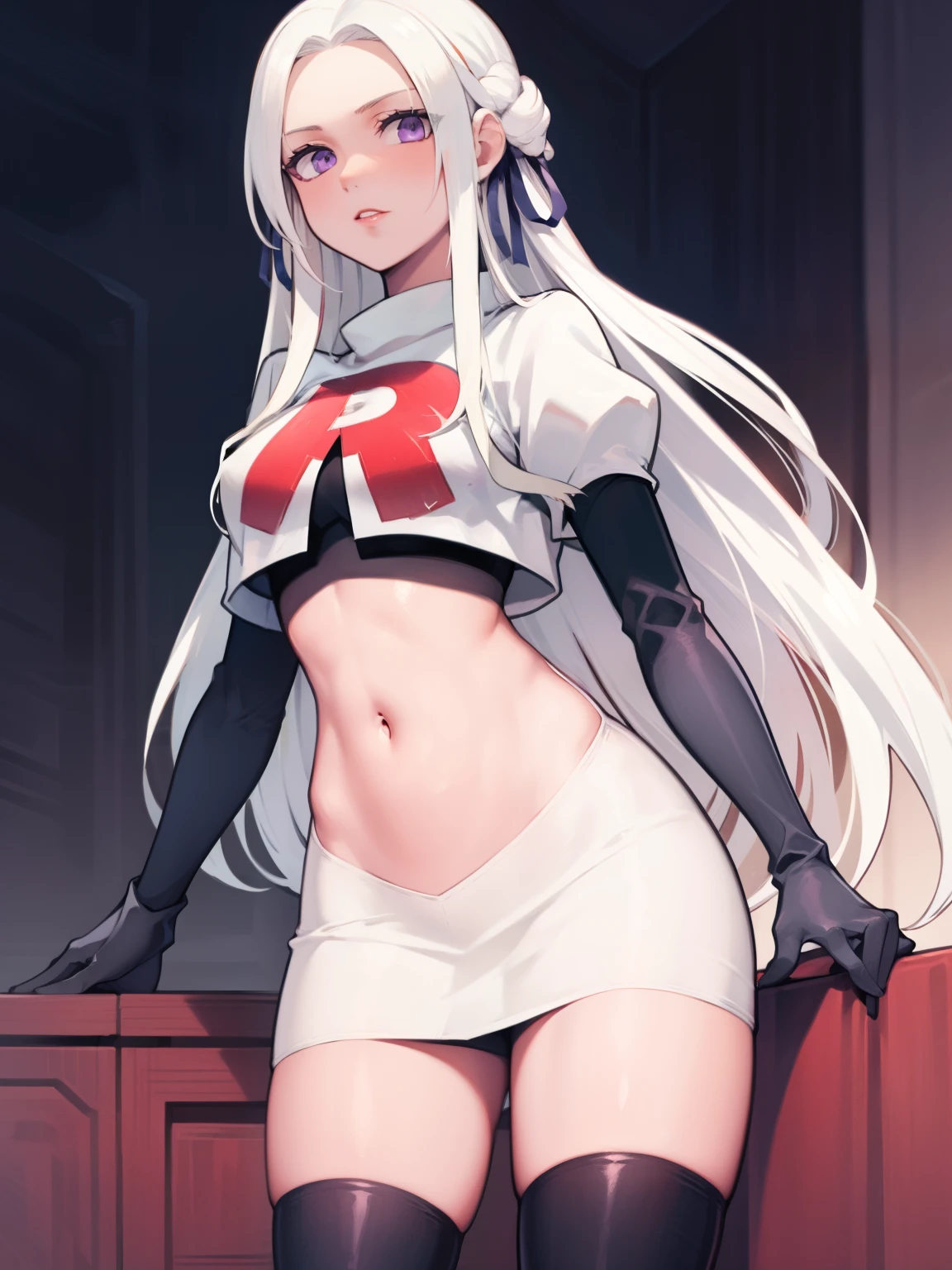 edelgard_academy, hair ribbon, long hair, white hair, purple eyes, glossy lips ,team rocket uniform, red letter R, white skirt,white crop top,black thigh-high boots, black elbow gloves, looking at viewer, cowboy shot