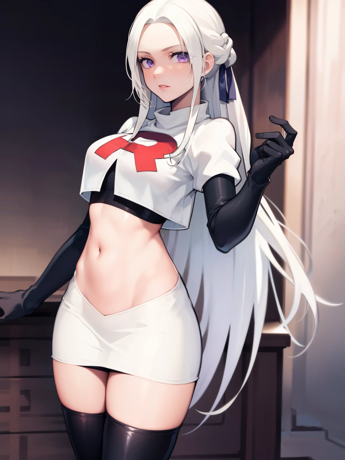 edelgard_academy, hair ribbon, long hair, white hair, purple eyes, glossy lips ,team rocket uniform, red letter R, white skirt,white crop top,black thigh-high boots, black elbow gloves, looking at viewer, cowboy shot
