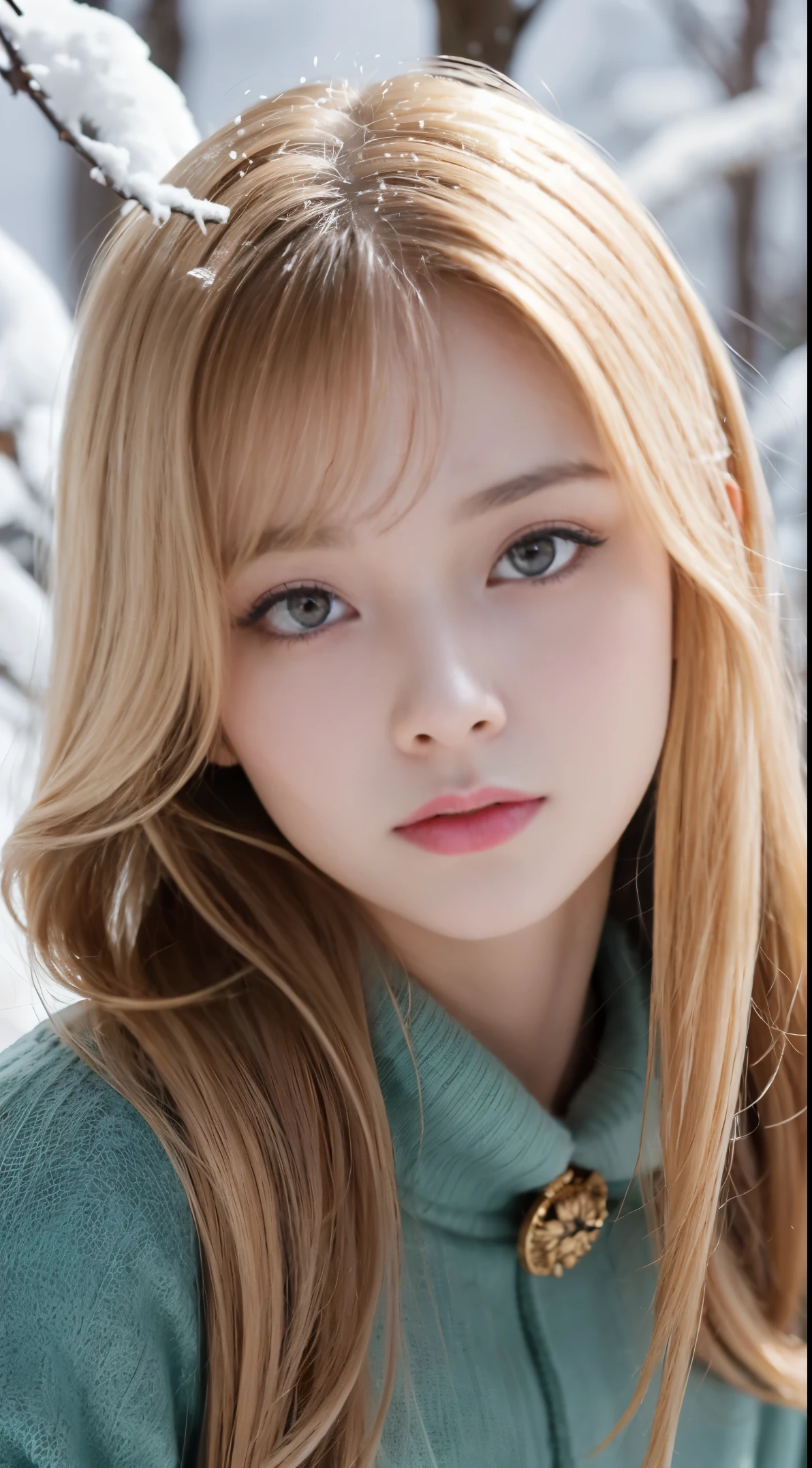 [a white lighting translucent phantom made of snow], dark muted tones, The white, A world covered in snow, branches covered with snow, cold winter touch, Unparalleled beauty, Lustrous firm and shiny skin, Bangs between the eyes, Glossy straight beautiful pale blonde, Perfect body, Super Long Straight Silky blonde Hair, eye line, Sexy beautiful innocent 18 years old, High definition big beautiful bright pale brown eyes, Beautiful and nice girl, Baby face, cute winter dress, emerald color accessaries, detailed decoration, Glossy face, Small face beauty, cowboy body shot, natures first green is gold,her hardest hue to hold, her early leafs a flower, but only so an hour, so leaf subsides to leaf, so Eden sank to grief,so dawn goes down today, nothing gold can stay --c 22 --ar 28:39 50 .0 --v 6 --s 2
