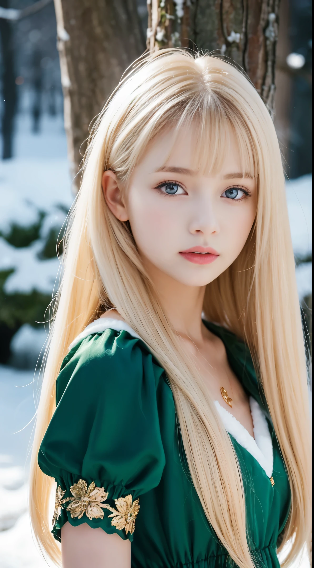 [a white lighting translucent phantom made of snow], dark muted tones, The white, A world covered in snow, branches covered with snow, cold winter touch, Unparalleled beauty, Lustrous firm and shiny skin, Bangs between the eyes, Glossy straight beautiful pale blonde, Perfect body, Super Long Straight Silky blonde Hair, eye line, Sexy beautiful innocent 18 years old, High definition big beautiful bright pale brown eyes, Beautiful and nice girl, Baby face, cute winter dress, emerald color accessaries, detailed decoration, Glossy face, Small face beauty, cowboy body shot, natures first green is gold,her hardest hue to hold, her early leafs a flower, but only so an hour, so leaf subsides to leaf, so Eden sank to grief,so dawn goes down today, nothing gold can stay --c 22 --ar 28:39 50 .0 --v 6 --s 2