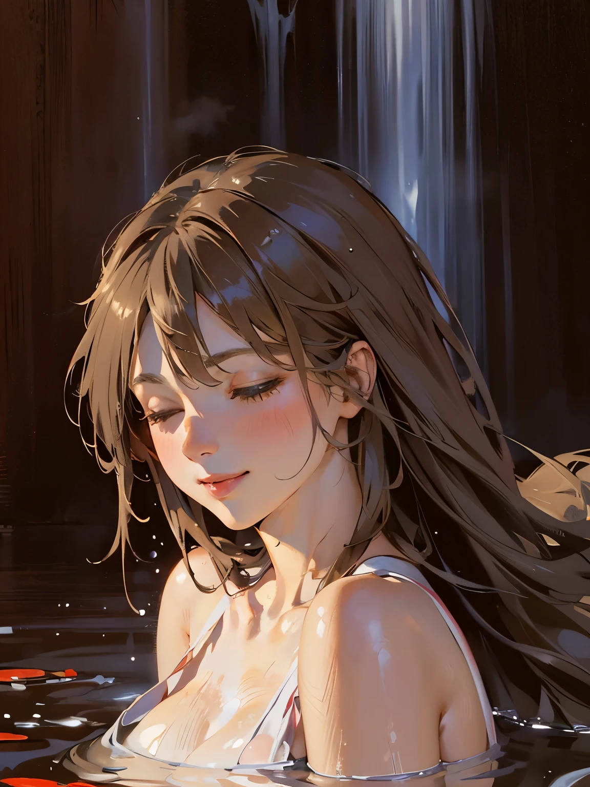 art by ((Carl Larsson:1.2)),((Portrait Painting)),(((post-Impressionist))),,monet color,stream,close shot,close shot,anime characters,white hair,deer hair,the whole body,oil painting,((post-impressionist)),(face upward:1.2),Post Impressionist,Droplets,well,soft lighting,COOL,shiranui mai ,brown eyes, extremenly long hair, brown hair, white ribbon,(dynamic sexy pose:1.2),narrow waist, wide hips, thick thighs,crazy smile:1.2,((red energy around body)),big lake in the background,wet skin,outdoors,large breast:1.4,(waterfall background),droplets on skin,wet skin,steam,medium shot,(face expressions:face,nose blush,sexy smile,(half-closed eyes),sexy gaze,detailed eyes,looking at viewer),