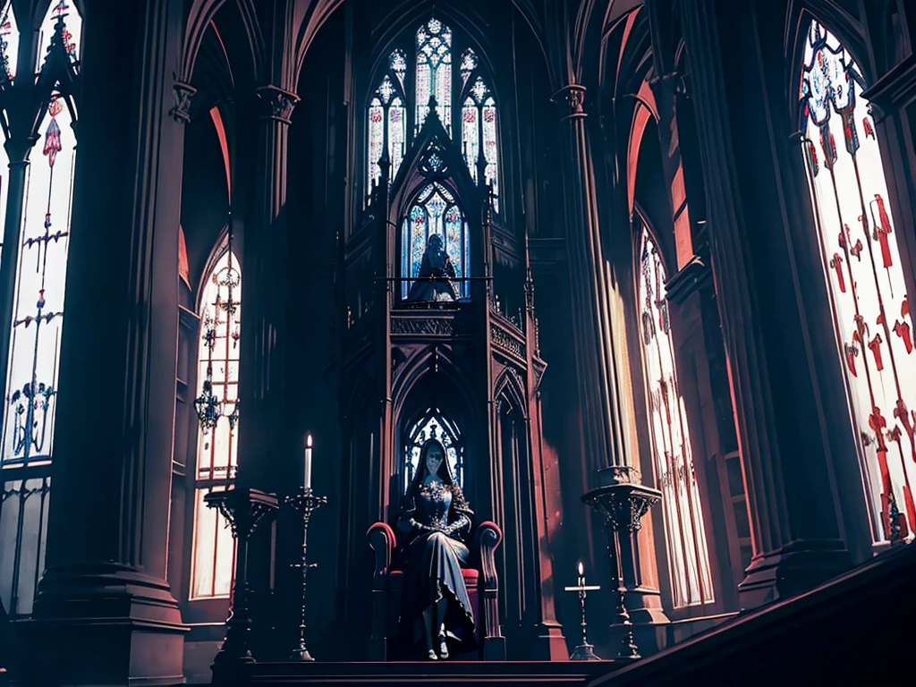 eerie queen sitting regally with a blade resting on her lap, from side, from below | low angle, dutch angle, throne room, stained-glass window at the back, tall archways, raised throne on raised platform, throne on dais, lightrays coming through the windows