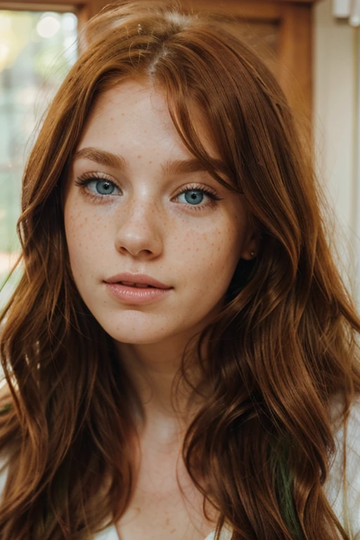 a beautiful redhead with long wavy hair, light green eyes, accentuated lips, freckles on her face, angelic look, very beautiful,