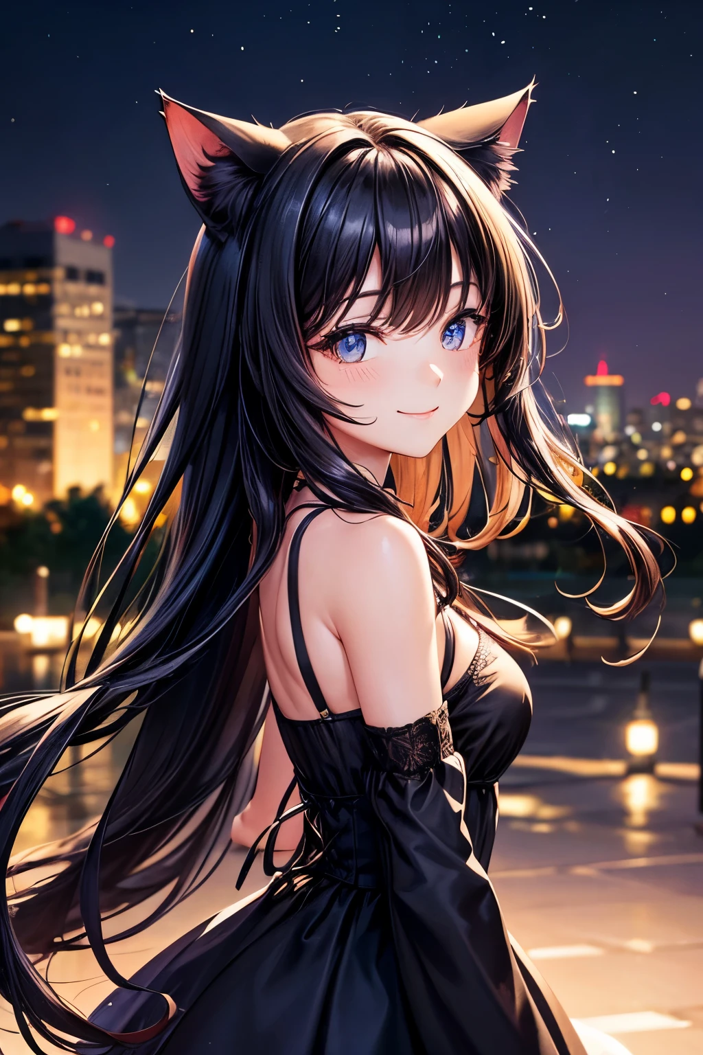 of the highest quality, High resolution, The perfect human structure, Background Focus, Cat ears, Front view, Glowing hair, Black hair, city, Gradient Eyes, swept bangs, Front Angle, Dress, Smiling,