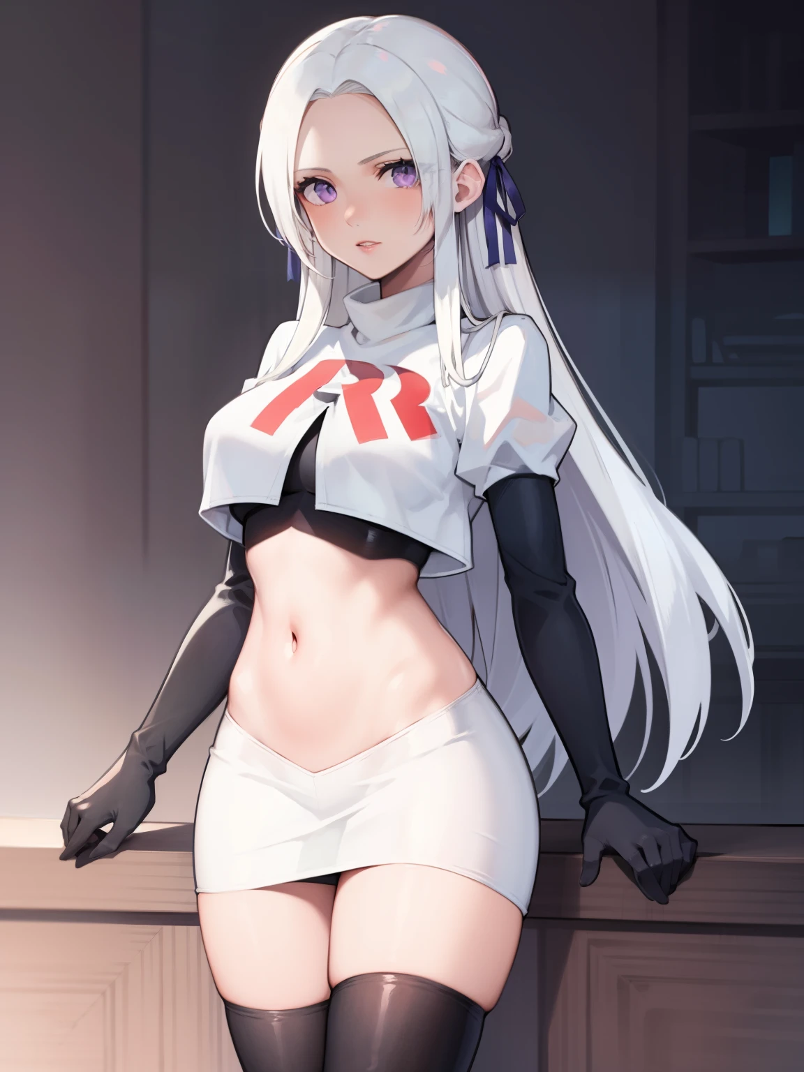 edelgard_academy, hair ribbon, long hair, white hair, purple eyes, glossy lips ,team rocket uniform, red letter R, white skirt,white crop top,black thigh-high boots, black elbow gloves, looking at viewer, cowboy shot