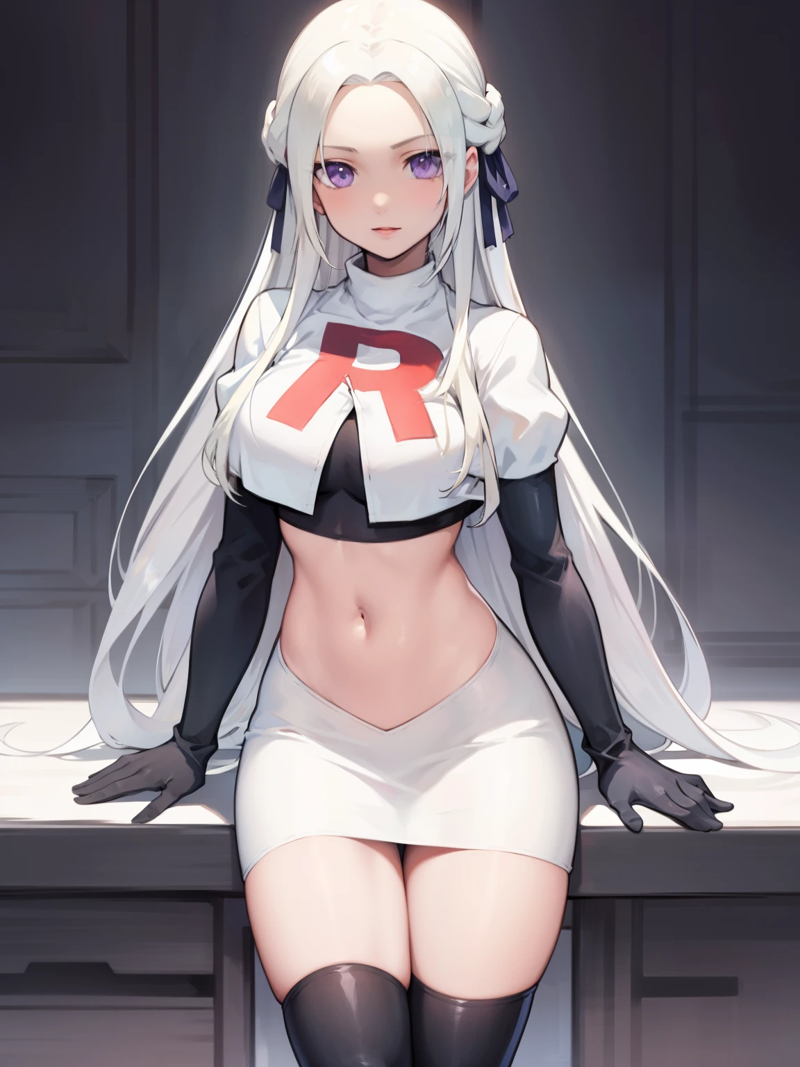 edelgard_academy, hair ribbon, long hair, white hair, purple eyes, glossy lips ,team rocket uniform, red letter R, white skirt,white crop top,black thigh-high boots, black elbow gloves, looking at viewer, cowboy shot