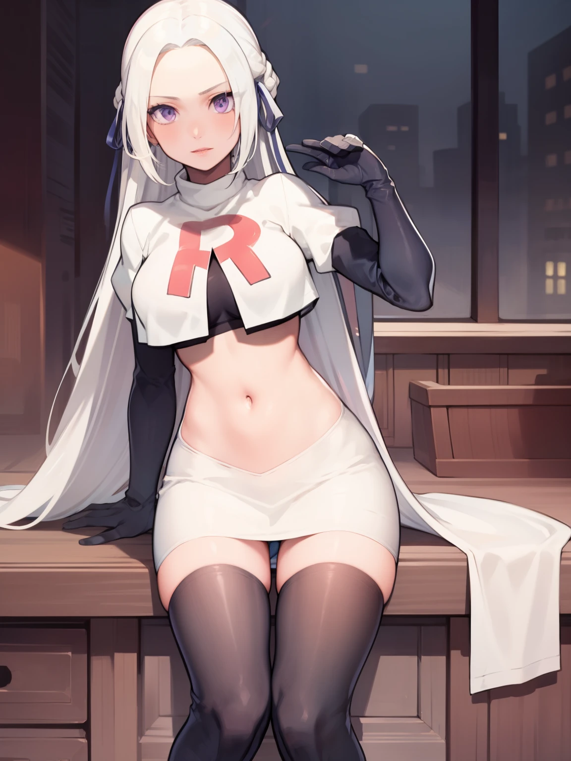 edelgard_academy, hair ribbon, long hair, white hair, purple eyes, glossy lips ,team rocket uniform, red letter R, white skirt,white crop top,black thigh-high boots, black elbow gloves, looking at viewer, cowboy shot