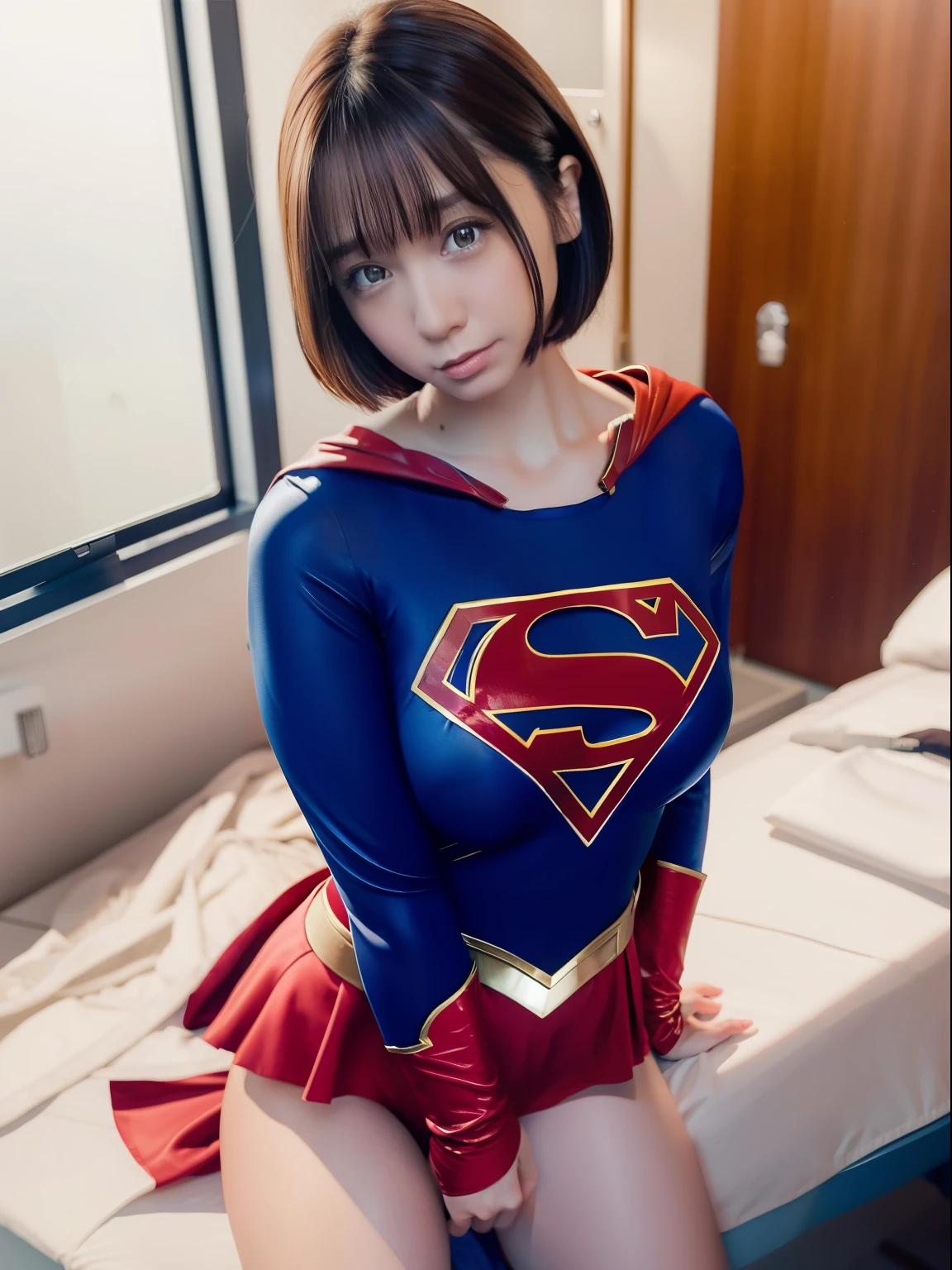 ​masterpiece,Supergirl Costume, short-hair, bare-legged, large full breasts,surgery room、Operating table、straddle、depraved、shiny、Looking at the camera、seduces、Red short miniskirt、Show a glimpse、long-sleeve、Fluttering cloak