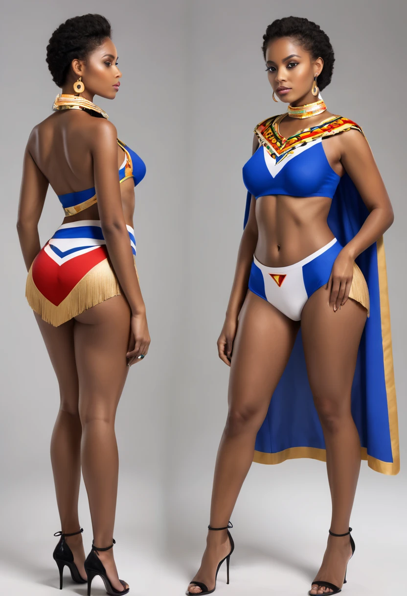 modelo SOLO, realista 8k,para Conjunto de roupa interior adultos homem mulheres. realista, imagens de escrito .C & V. With Cape Verde pattern that represents Cape Verde culture.Adicione mais elementos culturais de Cabo Verde. Fotografia ,插圖 ,Garment based graphic: Traje representativo da bandeira de Cabo Verde - azul profundo, branco, vermelho e dourado, com elementos tribais discretos, vision, plano completo, vista frontal, vista traseira, Estilo Art Vista de Corpo Inteiro ,Multiple views and poses, various points of view, de um corpo inteiro,design