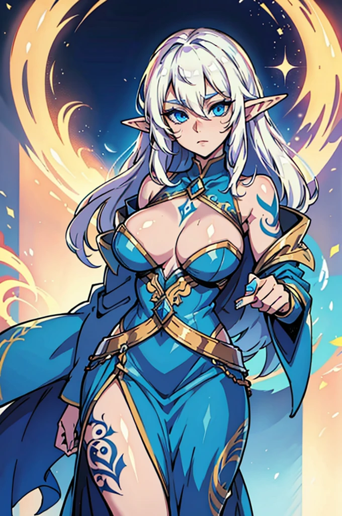 A Elven Mage with Arcane Tattoos White Hair and Blue Eyes