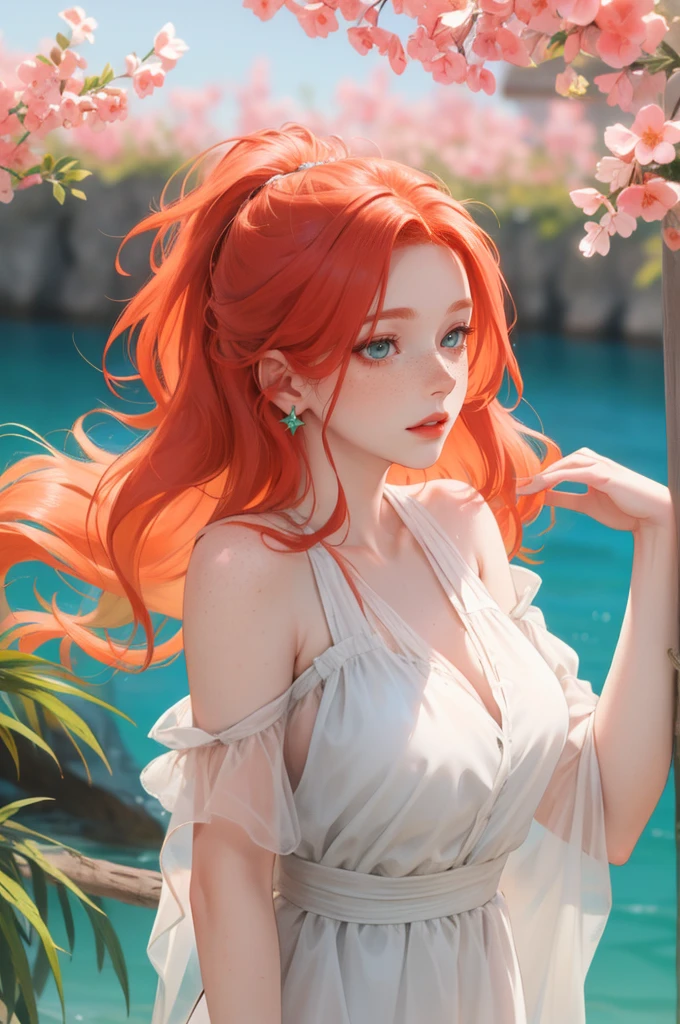 a beautiful redhead with long wavy hair, light green eyes, accentuated lips, freckles on her face, angelic look, very beautiful,