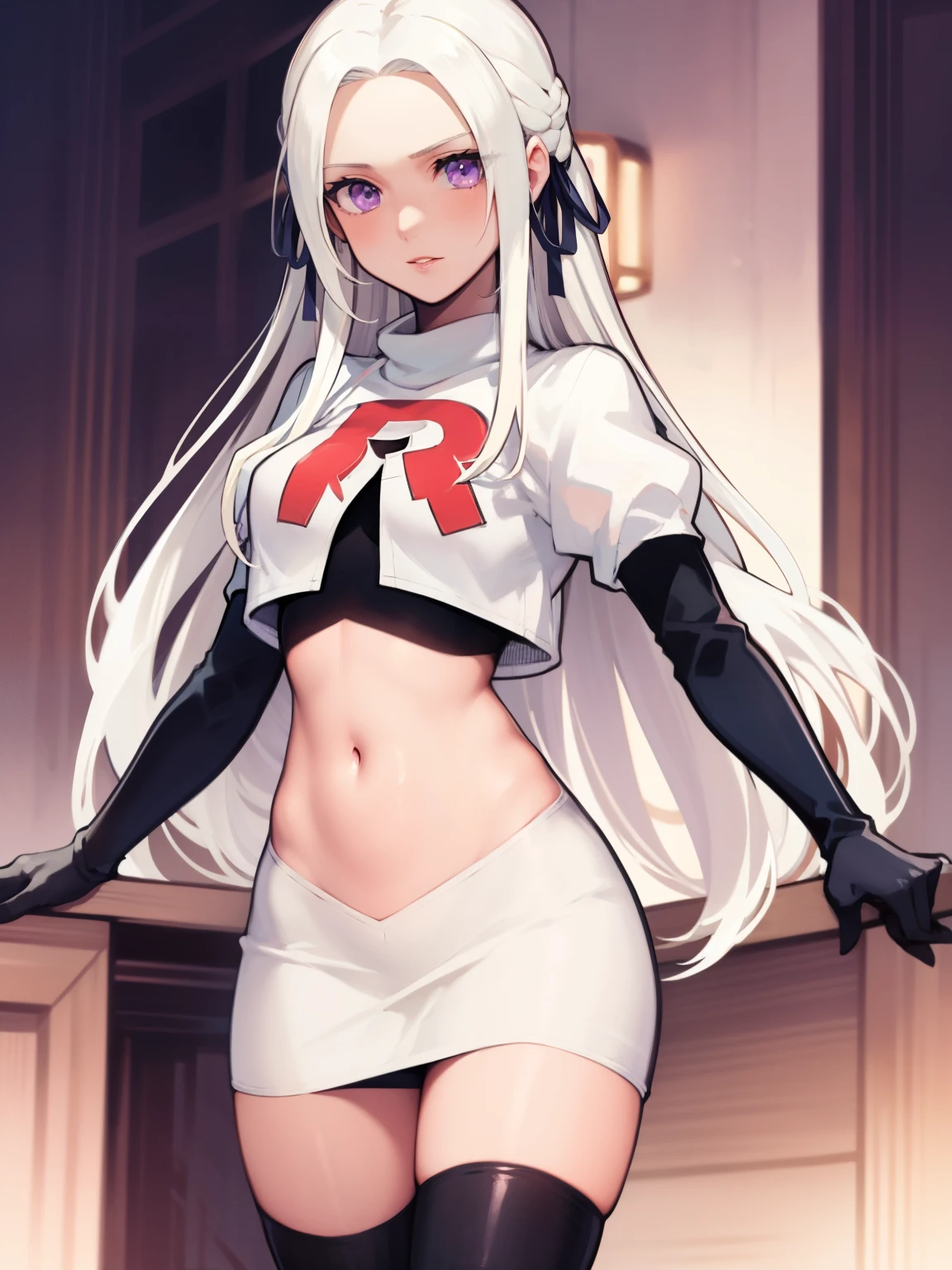 edelgard_academy, hair ribbon, long hair, white hair, purple eyes, glossy lips ,team rocket uniform, red letter R, white skirt,white crop top,black thigh-high boots, black elbow gloves, looking at viewer, cowboy shot